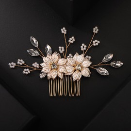 Teyglen Gold Flower Headpiece Bridal Crystal Hair Comb with Pearl Flower Wedding Hair Piece Bridal Hair Accessories for Women Bride Girls(Gold)