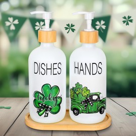 JarThenaAMCS 2Pcs St. Patrick's Day Soap Dispenser Plaid Shamrock Clover Truck Bathroom Glass Soap Dispenser with Pump Refillable Liquid Soap Container for Irish Kitchen Home Decor