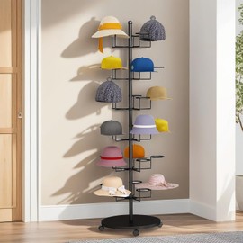 Ticreelor 30-Hook Metal freestanding hat Rack with Wheels, Movable hat Rack and Cowboy hat Display for Home or Store(Black,6th Floor)
