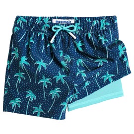 MaaMgic Boys Swim Trunks with Compression Liner Toddler Stretch Quick Dry Swim Shorts Quick Dry 2 in 1 Beach Shorts,Palm Tree-Navy,Medium(10/12)