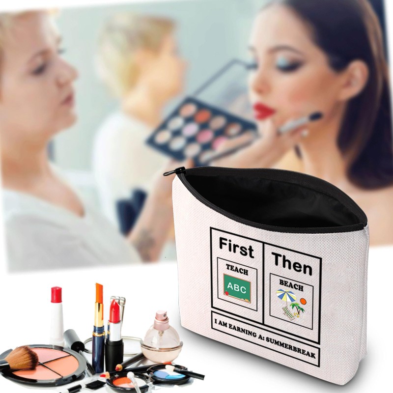 JXGZSO Summer Vacation Makeup Bag First Teach Then Beach Pouch