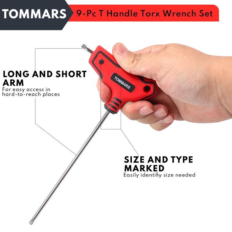 TOMMARS 9PC T Handle Torx Wrench Set, S2 Steel, T10