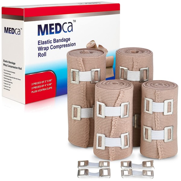Elastic Compression Bandage Wrap - Premium Quality (Set of 4) with Hooks, Athletic Sport Support Tape Rolls for Ankle, Wrist, Arm, Leg Sprains | Each First Aid Bandages Roll Measures 4 Inch x 5 Feet