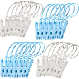 Foshine 24 Pack ClothesPins with Plastic Rope, Clothesline Drying Clothing Clips for Photo Craft Painting Display, 12Pcs Blue 12Pcs White