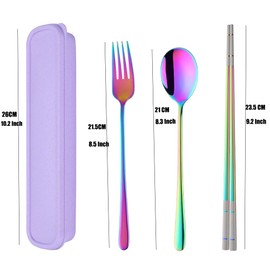 SBOMHS Portable Travel Cutlery with Case 3-Piece Fork Spoon Chopsticks for 1 Person Camping Cutlery Stainless Steel for School Picnic Rainbow