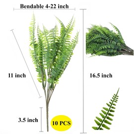 Grand Verde Boston Ferns Artificial Plants Faux Greenery Plastic Shrubs Real-Touch Bush DIY Decoration Outdoor Patio Garden Balcony Indoor Home Decor, Bulk 10pcs (Dark Green)