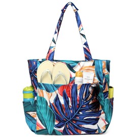 Kasgo Beach Bag, Water Resistant Sandproof Large Zipper Beach Tote Foldable Women's Summer Swim Bag Shoulder Pool Bags for Travel, Shopping, Picnic, Gym, Camping, Palm Leaf