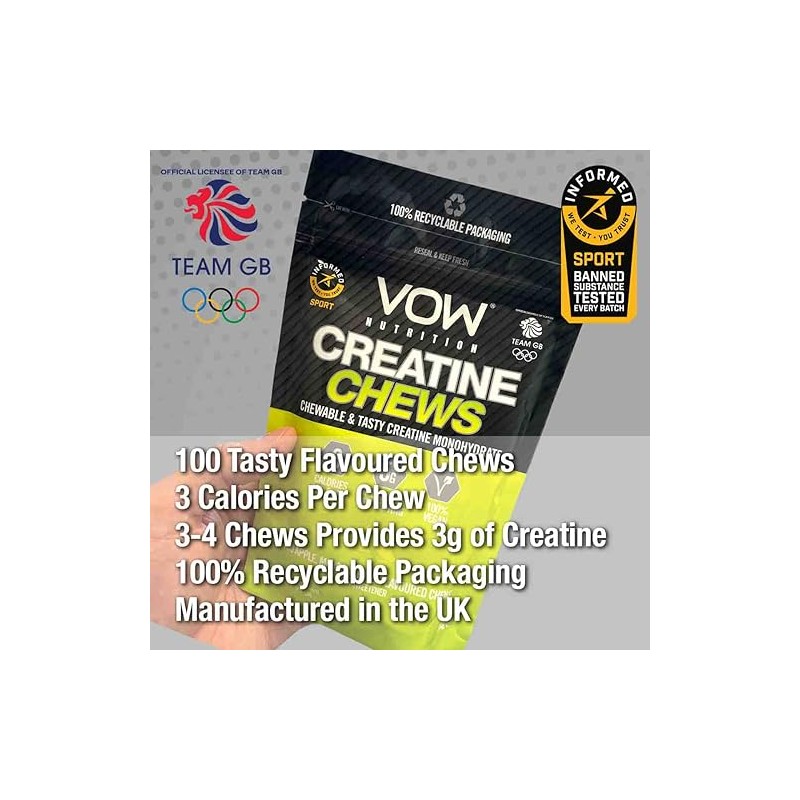 VOW Nutrition Creatine Chews,100 Flavoured Chews, Creatine Monohydrate, Convenient &