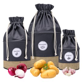 MERAKI HOME Potato Onion Garlic Storage Containers - Farmhouse Kitchen Storage Organization Pots - Sustainable Jute Cotton Vegetable Baskets Bins - Drawstring Holder