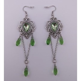 Hypoallergenic Green & Silvertone Romantic Gothic Earrings teardrop "stone" with chandelier chains & beads, Stainless Steel Zinc Acrylic, acrylic