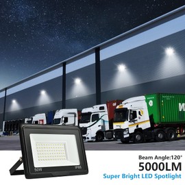 toobettp 50 W LED Outdoor Spotlight, 6500 K 5000 LM Cool White LED Floodlight, IP66 Waterproof Outdoor Floodlight for Garden, Courtyards, Garage, Hotel, 2 Pieces