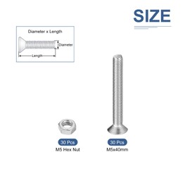 DTGN 60Pcs M5-0.8 x 40mm Flat Head Hex Socket Cap Screws Bolts Nuts Kit, 304 Stainless Steel Round Flat Metric Machine Screws, Full Thread