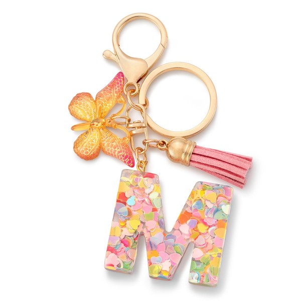 CHUQING Initial Letter Keyring for Girls Women Pink Cute Butterfly Heart Keychain for Backpack School Bag, kc-m