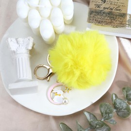 MUCOOS Pink Rabbit Keyring with Yellow Pompom, Women's Birthday, Gift Idea, Friend Gift or Couple Gift, for Pretty Girls, Women's Gift Idea, Funny Gift, silver