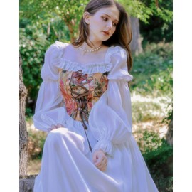 Fiamll Victorian Rococo Medieval Queen Costume Women's Puff Sleeves with Floor Length Dresses Carnival Theme Party, White, XXXL