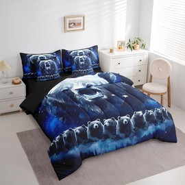 Feelyou Kids Bear Comforter Set With Sheets Twin Size 7 Piece - Cute Pattern Bedding Set Rustic Cabin Country Bed in a Bag Galaxy Blue Grey