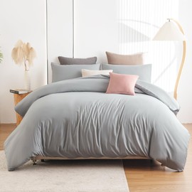 Soifox Double Duvet Cover Set - Grey Bedding Set Double Bed with Zipper Closure, Soft Microfiber Duvet Cover with 2 Pillowcases, Gray