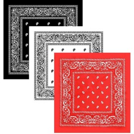 3Pcs Bandanas Face Mask 100% Cotton Paisley Print Head Wrap Scarf Headwear Wristband, Black + White + Red, One Size
