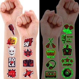 96 PCS Born to Rock And Roll Pre-Cut Luminous Temporary Tattoos for Kids | Super Cute Themed Birthday Party Favors, Supplies, Decorations, Music Fake Tattoo Stickers
