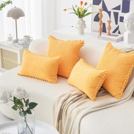 Home Brilliant Yellow Cushion Covers with Pom-poms, Boho Decorations Cushion Cover 45 x 45, Corduroy Decorative Pillows for Scatter Cushions Sofa Bed, 45cm, 18 inch, 2 Pcs, Yellow