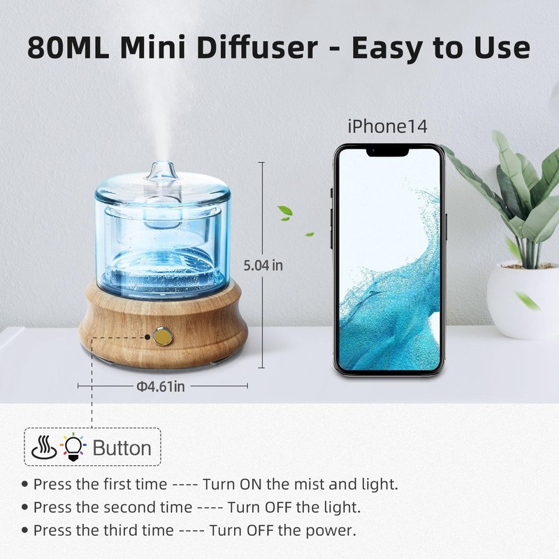 Lecdura Glass Essential Oil Diffuser, 80ML Small Glass Reservoir Natural
