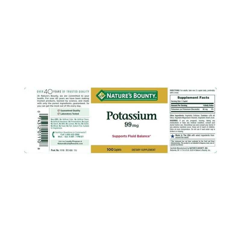 Nature's Bounty Potassium Gluconate 99mg, 100 Caplets (Pack of 6)