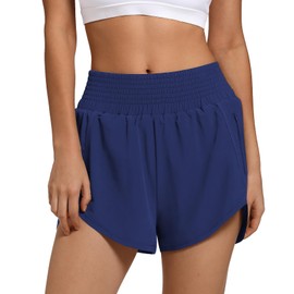 SAFWAK - Pantalones cortos deportivos de cintura alta para mujer, de secado rápido, deportivos para correr, con bolsillo con cierre, Azul marino, X-Large