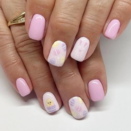 24Pcs Easter Press on Nails Short Square Fake Nails Easter Eggs Chicks Design Cute Artificial Stick on Nails Bunny False Nails Pink Glue on Nails Glossy Spring Acrylic Nails for Women Girls Manicure