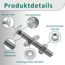 DSM - Carriage Bolts M8 x 130 mm DIN 603 - Includes M8 Hex Nut DIN 934 & Washer DIN 9021 - A2/V2A Stainless Steel - Round-Head Square Head Screws - Pack of 10