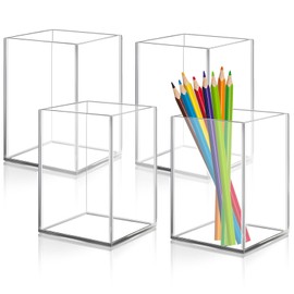 Mgood Pack of 4 Acrylic Pen Holders, Clear Brush Holder Pen Organiser, Multifunctional Pen Holder Desk for Office Supplies, Stationery, Cosmetics, 7 x 7 x 10 cm