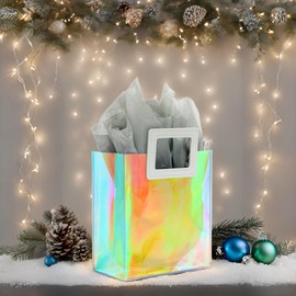 KeerxunBag 1 Pack Holographic Gift Bags with Handles & 2 Tissue Paper Sheets – Iridescent Transparent Reusable Bags for Women, Girls, Birthdays, Weddings，Grey Gift Bag