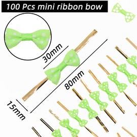 100Pcs Green Twist Ties for Bulk Food, Mini Ribbon Bow Twist Ties for Treat Bag, Christmas Tree Bows Metallic Twist Ties for DIY Crafts, Baked Food, Lollipop, Wedding Decor and Gift Wrap