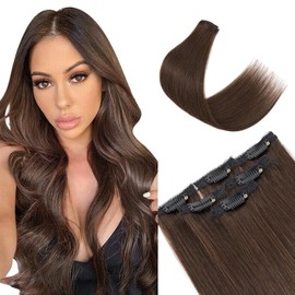 TESS Clip in Extensions Echthaar 6stk 44g, 6 Clip in Haarverlängerung Echthaar Extensions Remy Extensions45cm 2R# Dunkelbraun