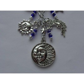 Handmade WICCAN PEGAN SUN MOON STAR BLUE CRYSATL BEAD KEY CHAIN PURSE CLIP BAG CHARM FOB