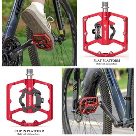 Mountain Bike Pedals- Dual Function Bicycle Flat Pedals and Clipless Pedals- 9/16" Platform Pedals Compatible with SPD for Road Mountain BMX Bike (Red)