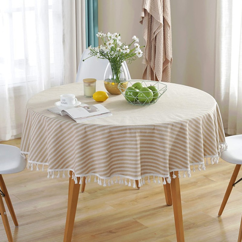 meioro Round Tablecloth Beige White Soft Plain Striped Linen Table
