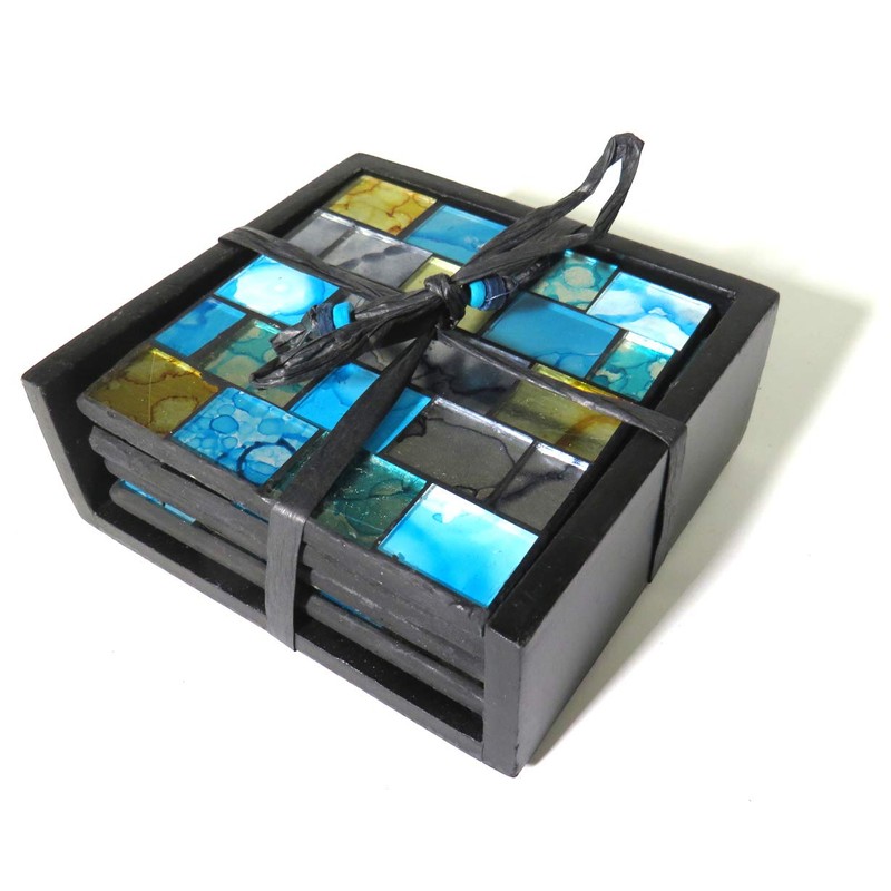 Blue and Gold Mosaic Set of 4 Square Coasters