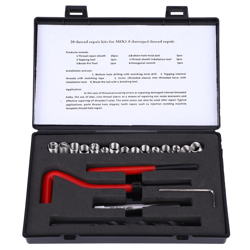 20 Pcs Thread Repair Kit M8x1 Stainless Steel Rethreading Tap