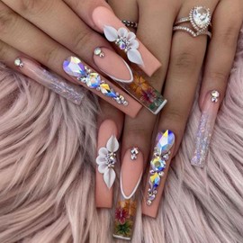 Diamond Press on Nails Long Square Fake Nails with White Flower Designs French tips Glue on Nails Glitter Rhinestones Reusable Glossy Nude False Nails for Women Girls Manicure 24pcs