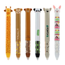 Set of 6 Erasable Gel Pens with Thermosensitive Erase Ink, Cartoon Erasable Rollerball Pen, red and blue colours ink, Press 0.7mm Tip, Panda, pig, monkey, karaoke, bear, giraffe