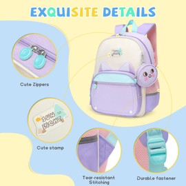 SUN EIGHT Girls Backpack for School, Cute Cat Backpack for Kids Ages 5-10, Lightweight Elementary Bookbag with Coin Purse, Pink Purple Pastel School Bag(Cat)