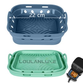 LOULANLUXE Silikonform Heißluftfritteuse Eckig Silikon Airfryer Zubehör 22 cm Faltbar Air Fryer Backform Entwurf der Luftzirkulation, Lebensmittelqualität, Pflegeleicht (2 Pcs, BlauGrün)