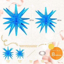 8pcs 14-Pointed One-Piece Exploding Star Large Foil Mylar Balloons, 27 & 22 Inches, Point Star Balloons, Cone Balloons, Great for Birthdays, Baby Showers, Wedding & Anniversary Parties!