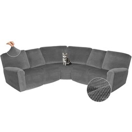 Arfntevss Sectional Recliner Couch Covers Velvet Corner Sectional Sofa Cover for Reclining Couch Stretch Soft L Shape Recliner Slipcover Thick U Shaped Washable Protector (5 Seat Cover, Light Gray)