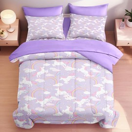 Pamnest Comforter Set Full Size, Unicorn Flower 7 Pcs Bedding for Kids and Adults, Family Love Happy Rainbow Bed Sheet Sets with Fitted Sheet 2 Pillowcases & 2 Shams for Bedroom Bed Decor