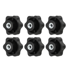 YELARXI Clamping Nuts Knob Plastic Screw-On Iron Star Knobs Knurled M8 Female Threaded Hexagon Head, 1.9 Inch Head Diameter Fit for Lawn Mower Handle Machinery (6 Pack, Black)