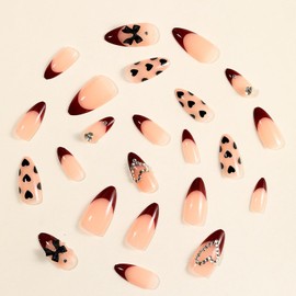 Wine Red French Press on Nails Medium Length Rhinestone Fake Nails Heart Bow Bling Glossy Artificial Nails Acrylic Glue on Nails Natural Stick on Nails for Women 24Pcs Medium French Nails