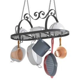 TICKCACY 33" Pots and Pans Hanging Rack, Heavy-duty Metal Pan Rack Hanger Organizer with Hooks, Hanging Pot Rack Ceiling Mount for Kitchen Cookware Utensils Toiletries