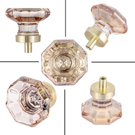 HIEMEY 4 Pack Glass Cabinet Knobs and Pulls,Octagon Champagne Crystal Knobs for Dresser Drawer with Satin Brass/Brushed Gold Base