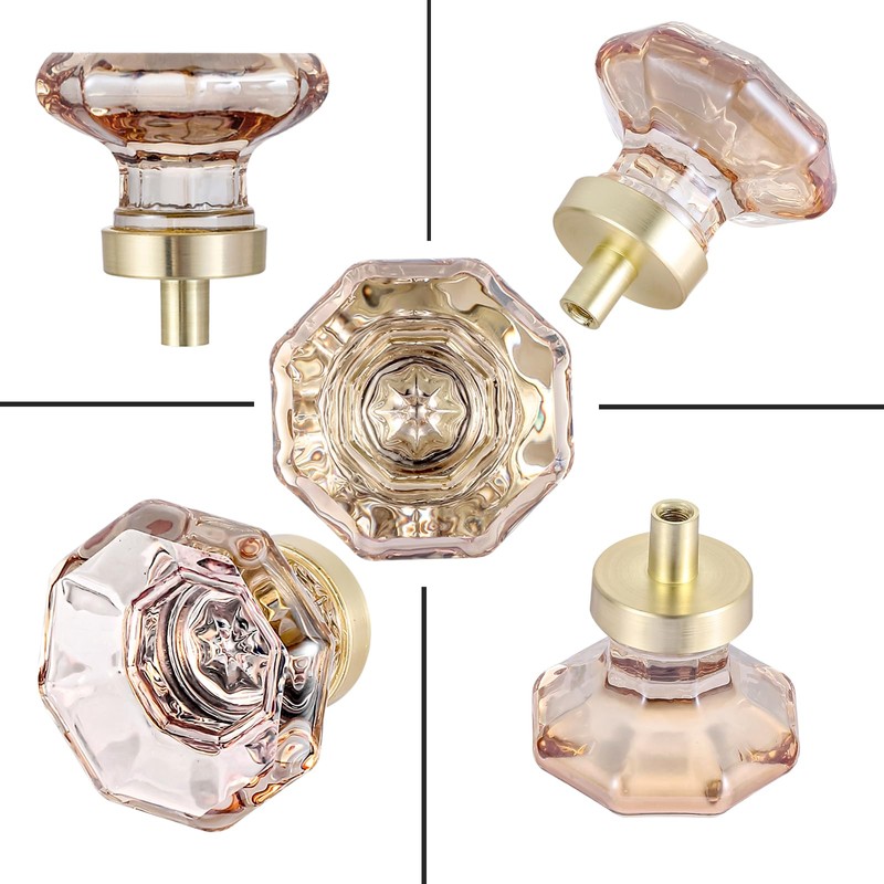 HIEMEY 4 Pack Glass Cabinet Knobs and Pulls,Octagon Champagne Crystal